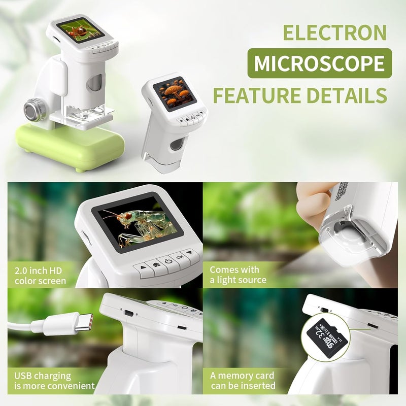 WSDMIC 1200X Microscope for Kids with 2 inch Screen STEM Digital Science Kit Rechargeable Handheld Mini Pocket Children Students Slides Portable Gift for Kids Ages 6 to 12 (Green) - Image 5